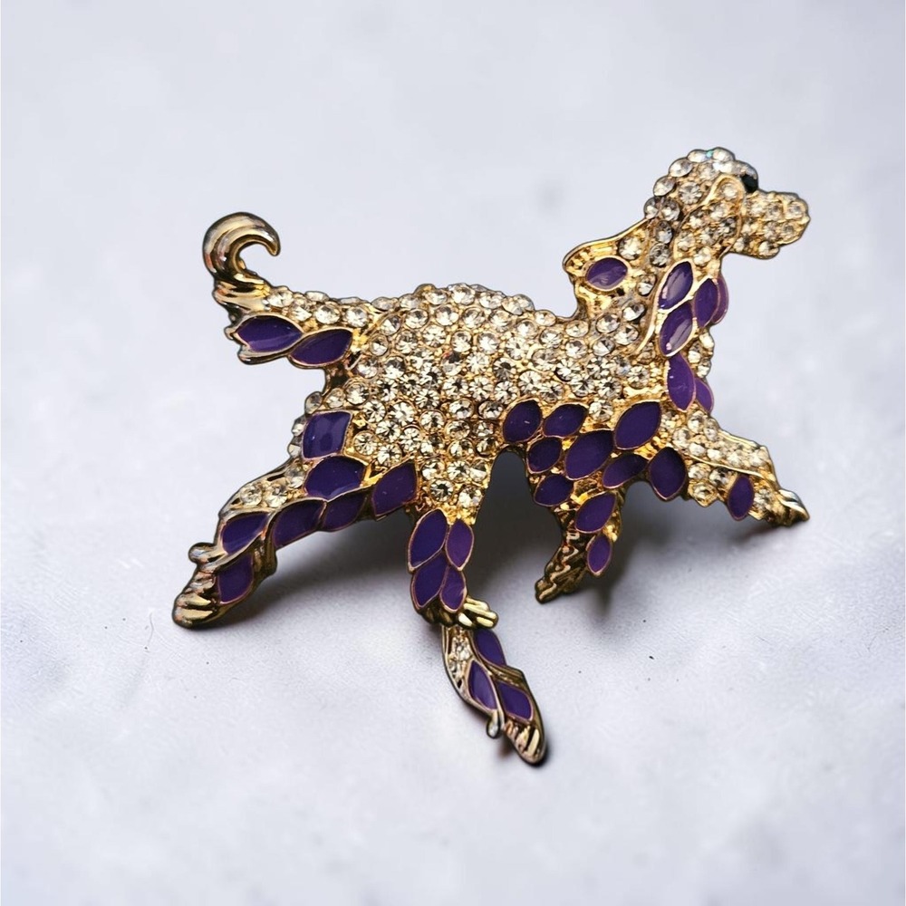 Poodle Brooch Gold Tone Purple Enamel Rhinestone Dog Pin Jewelry‎
